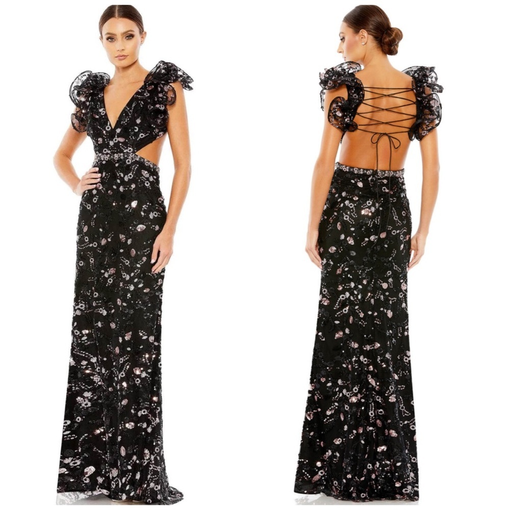 Mac Duggal Sequin Detailed Ruffle Sleeve V-Neck Backless Maxi Gown Dress Black